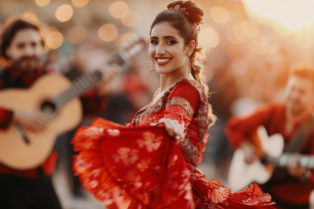 A woman in a red dress with ornate embroidery plays a guitar while smiling at the camera. She is surrounded by other people playing instruments, suggesting a musical performance.